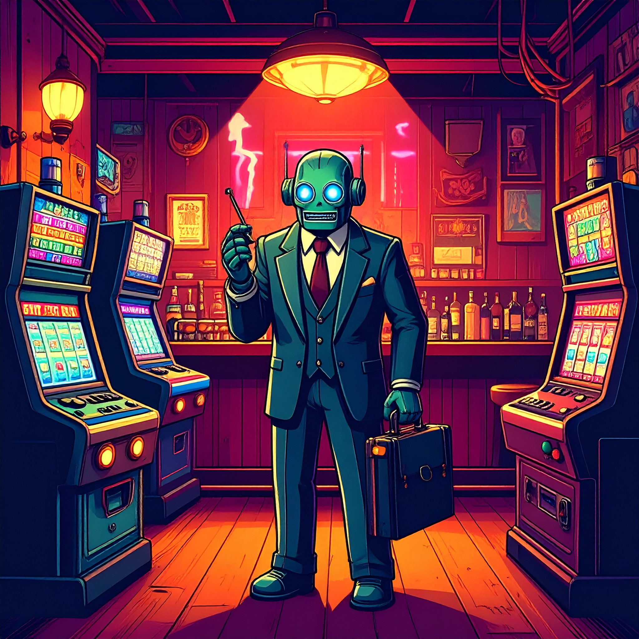 A robot operator in a neon back room